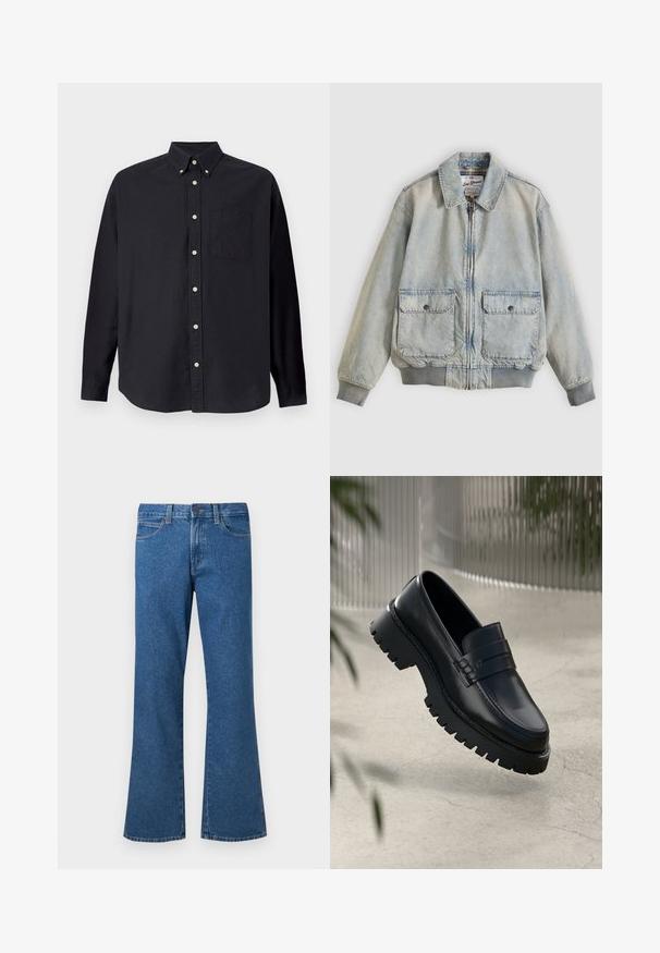Lyseblå denimjakke med lynlås foran, to forlommer, ribstrikkede manchetter og krave. Har etternetterneture med ternet foer. Casual design.; Sort langærmet skjorte lavet af bomuld. Har en button-down krave, frontlomme og en fuld knapstolpe med lysfarvede knapper.; Blå denim flared jeans med mellemhøj talje, fem lommer, lys syning og knaplukning. Glat tekstur og ensartet farve over det hele.; Sorte læder loafers med en chunky sål, der har en dekorativ rem og syninger. Glat tekstur med en poleret overflade.
