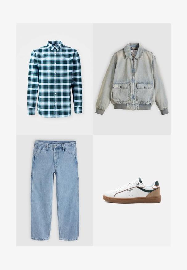 Veste en denim bleu clair avec fermeture éclair à l'avant, deux poches avant, poignets côtelés et col. Doublure à carreaux. Design décontracté.; Chemise à manches longues à carreaux verts et blancs avec un col boutonné et des boutons à l'avant. Fabriquée en tissu léger, présentant un design structuré.; Jean en denim bleu clair à jambe droite avec bouton avant, fermeture éclair, passants de ceinture et poches avant en biais sur un fond uni.; Baskets basses blanches avec semelle marron, accents verts et beige, lacets blancs, et logo "Pepe Jeans London" sur le côté.