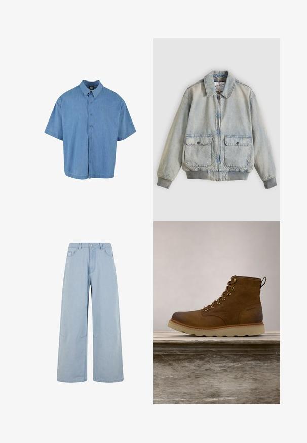 Lyseblå denimjakke med lynlås foran, to forlommer, ribstrikkede manchetter og krave. Har etternetterneture med ternet foer. Casual design.; Lyseblå kortærmet skjorte med knapper lavet af denim. Har en klassisk krave og seks knaplukninger foran.; Lysblå vidbenede jeans lavet af denim, med høj talje, knaplukning og frontlommer. Designet inkluderer diskrete syninger.; Brune vandtætte ankelstøvler lavet af tekstureret læder, med gyldne øjer, en rund tå og en let, tekstureret gummisål.