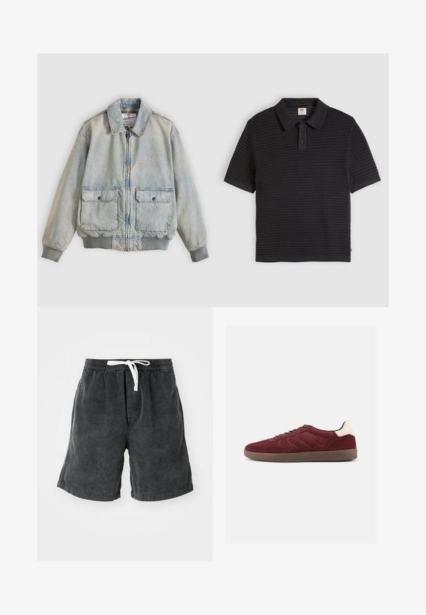 Veste en denim bleu clair avec fermeture éclair à l'avant, deux poches avant, poignets côtelés et col. Doublure à carreaux. Design décontracté.; Polo en maille noire à manches courtes avec rayures horizontales texturées, patte à deux boutons et col ainsi que poignets en côte, présenté à plat.; Shorts en velours côtelé de couleur gris foncé avec des rayures verticales. Dotés d'une taille élastique avec un cordon blanc. Design décontracté adapté aux temps chauds.; Baskets en daim bordeaux avec fermeture à lacets, détails texturés sur les côtés et accent de talon clair. Semelle en gomme avec une finition lisse.