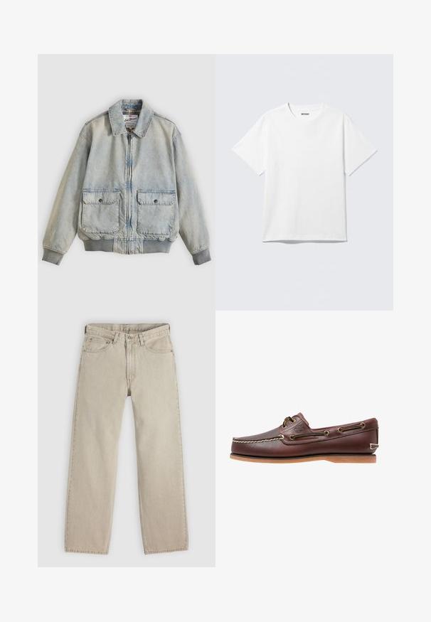 Veste en denim bleu clair avec fermeture éclair à l'avant, deux poches avant, poignets côtelés et col. Doublure à carreaux. Design décontracté.; T-shirt blanc à manches courtes et col rond, étalé à plat, design uni, avec l'étiquette "WEEKDAY" à l'intérieur du col sur un fond clair.; Jean en denim beige à coupe ample, doté de cinq poches, d'une fermeture boutonnée et à glissière, avec des surpiqûres visibles le long des coutures.; Chaussure bateau en cuir marron avec coutures blanches, détails de lacets et semelle en caoutchouc beige, vue de côté sur fond blanc.