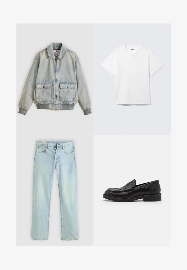 Hellblaue Jeansjacke mit Reißverschluss vorne, zwei Vordertaschen, gerippten Bündchen und Kragen. Mit kariertem Futter. Lässiges Design.; Weißes T-Shirt mit kurzen Ärmeln und Rundhalsausschnitt, flach liegend, schlichtes Design, mit „WEEKDAY“-Etikett innen im Kragen auf hellem Hintergrund.; Helle blaue Denim-Jeans mit geradem Schnitt, fünf Taschen, Knopfverschluss und dezentem Verblassen. Mit Steppdetails und Kupfennieten.; Schwarze Lederloafer mit abgerundetem Zeh, farblich abgestimmtem Nähen und einem Riemendetail an der Vorderseite. Gummi-Sohle mit niedrigem Absatz.