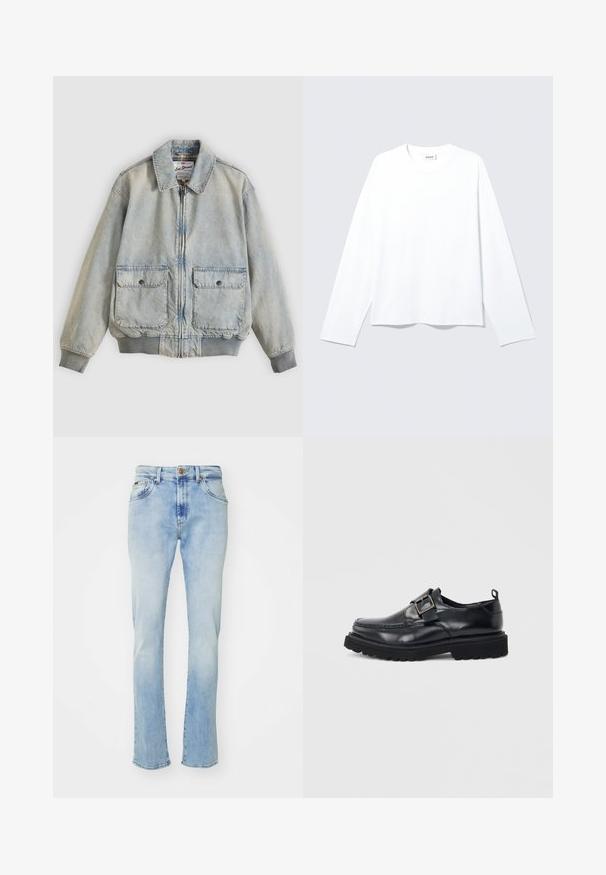 Hellblaue Jeansjacke mit Reißverschluss vorne, zwei Vordertaschen, gerippten Bündchen und Kragen. Mit kariertem Futter. Lässiges Design.; Schlichtes weißes Langarmshirt mit Rundhalsausschnitt und lockerer Passform, mit sichtbarem Markenlabel am Kragen, flach auf hellem Hintergrund liegend.; Hellblaue Denim-Jeans mit geradem Schnitt, fünf Taschen, Knopfverschluss und subtiler Ausbleichung an den Oberschenkeln und dem Saum.; Schwarzer Leder-Slipper mit klobiger Sohle und silbernem Schnallenriemen an der Seite vor weißem Hintergrund.