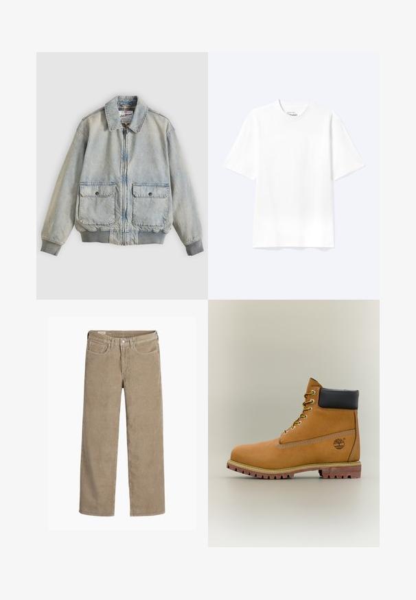 Lyseblå denimjakke med lynlås foran, to forlommer, ribstrikkede manchetter og krave. Har etternetterneture med ternet foer. Casual design.; Enkel hvid T-shirt med korte ærmer og rund hals med afslappet pasform, vist på en lys baggrund.; Lysebrune fløjlsbukser i bred ben-design, med knap- og lynlåslukning, fem lommer og en blød, ribbet tekstur.; Brun læderankelstøvle med sort krave, gule snørebånd og tanfarvet sål. Har logo og hvide syninger som detalje. Robust ydersål med greb.