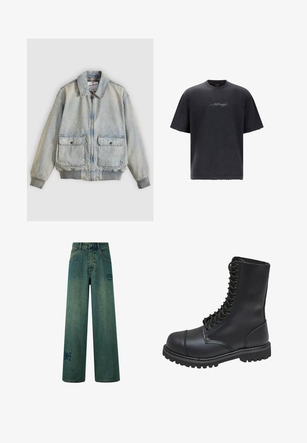 Hellblaue Jeansjacke mit Reißverschluss vorne, zwei Vordertaschen, gerippten Bündchen und Kragen. Mit kariertem Futter. Lässiges Design.; Schwarzes, oversized T-Shirt aus Baumwolle mit Rundhalsausschnitt, kurzen Ärmeln und einem ausgefransten Saum. Kleines graues Logo auf der Vorderseite.; Weite Jeans aus dunkelblauem Denim mit einer dezenten, verblassten Textur. Mit Gesäßtaschen und einem dekorativen Logodetail.; Schwarze Lederkampfstiefel mit hohem Schaft, Schnürung an der Vorderseite, gepolstertem Kragen und rutschfester, strukturierter Sohle für guten Halt. Mit verstärkter Zehenkappe.