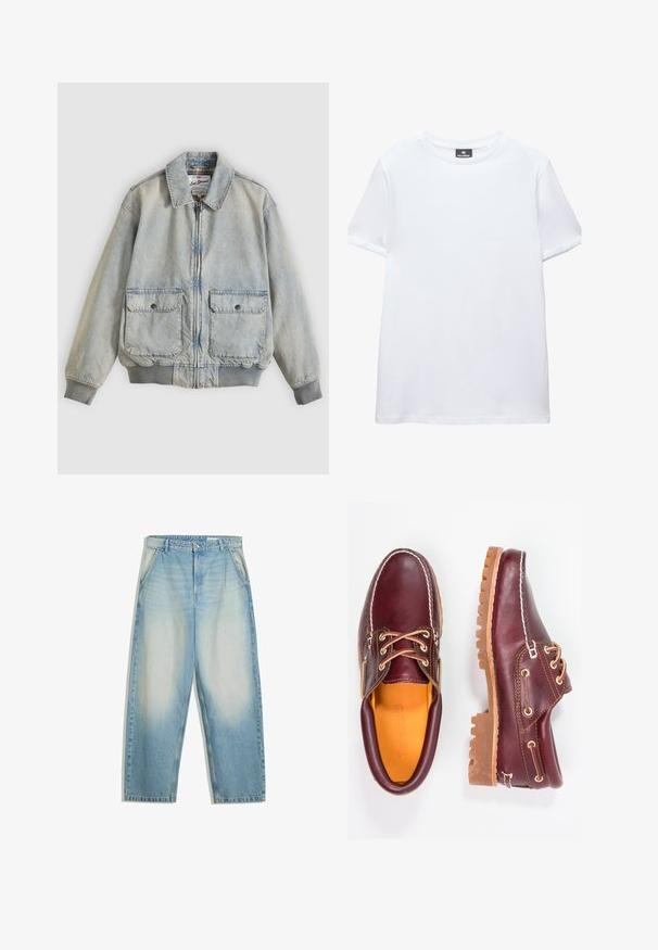 Veste en denim bleu clair avec fermeture éclair à l'avant, deux poches avant, poignets côtelés et col. Doublure à carreaux. Design décontracté.; T-shirt blanc uni à manches courtes, col rond, avec une étiquette noire Pull&Bear à l'intérieur du col, présenté sur fond blanc.; Jean en denim bleu clair délavé avec une coupe ample, poches latérales, passants pour ceinture et fermeture par bouton à la taille.; Chaussures en cuir bourgogne avec semelles en caoutchouc marron, bout rond, couture blanche et œillets dorés. L'intérieur présente une doublure jaune.