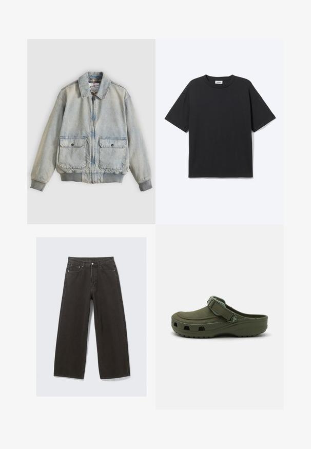 Ανοιχτό μπλε denim μπουφάν με φερμουάρ μπροστά, δύο μπροστινές τσέπες, ριμπ μανσέτες και γιακά. Διαθέτει εσωτερική φόδρα με καρό σχέδιο. Casual σχεδιασμός.; Μαύρο κοντομάνικο T-shirt με στρογγυλή λαιμόκοψη και άνετη εφαρμογή, όψη από μπροστά, μονόχρωμο σχέδιο και ορατή ετικέτα της μάρκας Weekday μέσα στο γιακά.; Τα φαρδιά μαύρα τζιν έχουν ψηλή μέση, πέντε τσέπες και κούμπωμα με κουμπί. Το ύφασμα έχει απαλή, texturizada υφή.; Πράσινη καουτσούκ παντόφλα με ρυθμιζόμενο λουράκι και ανοίγματα αερισμού. Λείος υφασμάτινος χαρακτήρας, στρογγυλή μύτη και ανυψωμένη σόλα για άνεση.