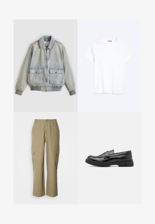Lyseblå denimjakke med lynlås foran, to forlommer, ribstrikkede manchetter og krave. Har etternetterneture med ternet foer. Casual design.; Enkelt hvid T-shirt med korte ærmer og rund hals med synligt WEEKDAY-mærke i kraven, vist på en lys baggrund.; Beige cargo bukser lavet af letvægtsstof, med to sidelommer, knaplukning og lige ben design.; Sort læder loafersko med en bred rem over forfoden, gummisål med tykke mønstre og glat overflade. Klassisk, slankt design.