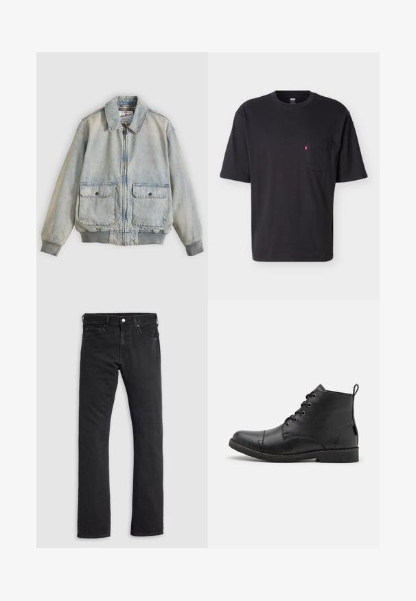 Veste en denim bleu clair avec fermeture éclair à l'avant, deux poches avant, poignets côtelés et col. Doublure à carreaux. Design décontracté.; T-shirt noir à manches courtes et col rond avec poche poitrine et petite étiquette logo rouge Levi's sur la poche, sur fond clair uni.; Jean en denim noir à coupe droite, doté de deux poches avant et d'une ceinture avec fermeture par bouton et fermeture éclair. Texture lisse, sans motifs.; Bottines en cuir noir avec une surface texturée, bout rond, six œillets pour les lacets et une petite languette à l'arrière.