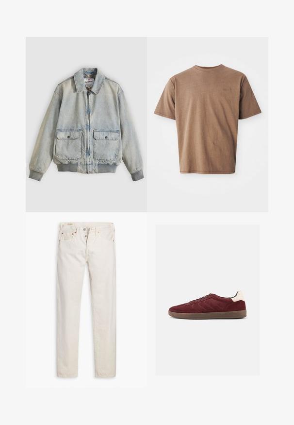 Lyseblå denimjakke med lynlås foran, to forlommer, ribstrikkede manchetter og krave. Har etternetterneture med ternet foer. Casual design.; Brun bomulds t-shirt med rund hals, korte ærmer og et diskret broderet logo på venstre brystområde. Glat tekstur, afslappet pasform.; Off-white high-waisted slim-fit jeans med knaplukning, fem lommer og kobbernitter, lagt fladt på en hvid baggrund.; Bordeaux ruskindsneaker med snørelukning foran, tekstureret sideudformning og lysfarvet hælaccents. Gummisål med glat finish.