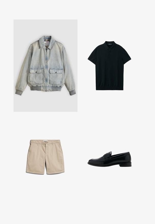 Hellblaue Jeansjacke mit Reißverschluss vorne, zwei Vordertaschen, gerippten Bündchen und Kragen. Mit kariertem Futter. Lässiges Design.; Schwarzes Kurzarm-Poloshirt mit Kragen und drei Knöpfen, dargestellt auf weißem Hintergrund.; Beige Shorts aus leichtem Stoff, mit flachem Bund, schrägen Seitentaschen und einer einzelnen Gesäßtasche mit Knopfverschluss.; Schwarzer Lederloafer mit niedrigem Absatz, rundem Zehenbereich und einem klassischen Penny-Riemen auf dem Spann.