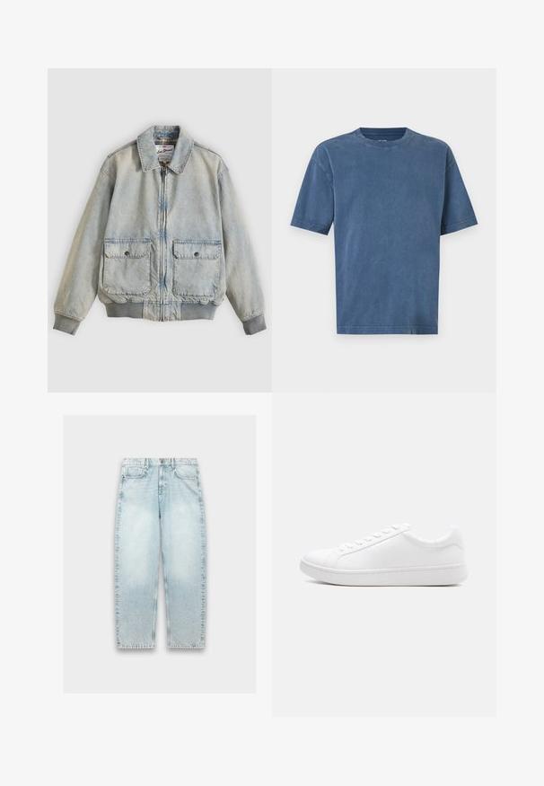 Lichtblauwe spijkerjasje met een ritssluiting aan de voorkant, twee voorzakken, geribbelde manchetten en een kraag. Voorzien van een ruitvoering. Casual ontwerp.; Effen blauw T-shirt met korte mouwen en een ronde hals, een losse pasvorm en zichtbare stiksels op de mouwen en zoom tegen een witte achtergrond.; Lichtblauwe denim jeans met een losse pasvorm, rechte pijpen, vervaagd textuur, vijf-pocket ontwerp en metalen knoopsluiting bij de taille.; Witte lage sneaker met veterluiting, glad leren bovenwerk en dikke rubberen zool, zijaanzicht op een effen achtergrond.