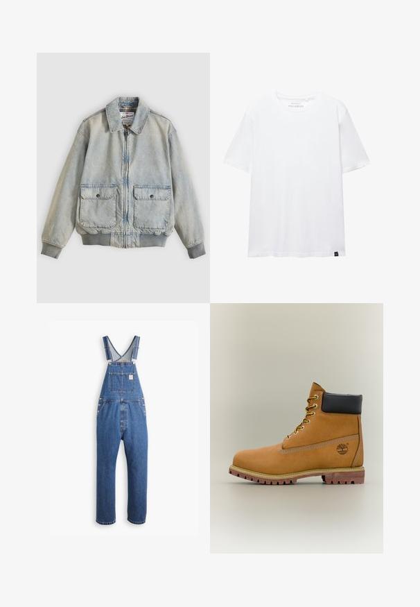 Lyseblå denimjakke med lynlås foran, to forlommer, ribstrikkede manchetter og krave. Har etternetterneture med ternet foer. Casual design.; Hvid kortærmet T-shirt i almindelig pasform med rund halsudskæring og lille sort stofetiket i bundkanten.; Denim overalls i mellemblå, med justerbare stropper, en frontlomme og metalbeslag, i en afslappet pasform og lige ben-design.; Brun læderankelstøvle med sort krave, gule snørebånd og tanfarvet sål. Har logo og hvide syninger som detalje. Robust ydersål med greb.