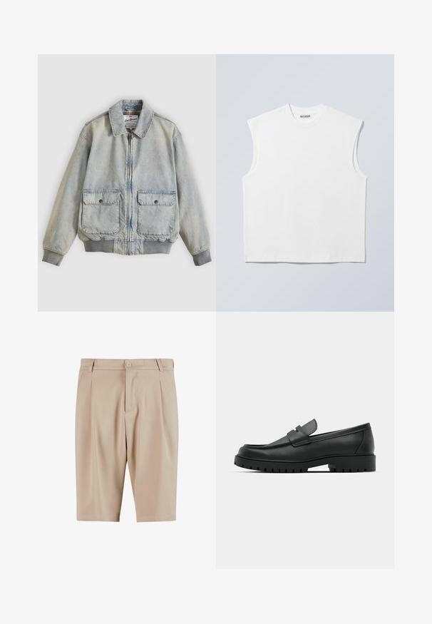 Lyseblå denimjakke med lynlås foran, to forlommer, ribstrikkede manchetter og krave. Har etternetterneture med ternet foer. Casual design.; Hvid ærmeløs bomulds top med rund hals og markerede skulderpartier, mærket "WEEKDAY" på halsmærket, vist på lys grå baggrund.; Beige skræddersyede shorts med plisseringer, der har en knaplukning og klassisk design. Glat tekstur, knælængde og ingen synlige lommer.; Sorte læder loafers med rund tå, der har et syet design, lav platformssål og en struktureret, skridsikker gummisål.