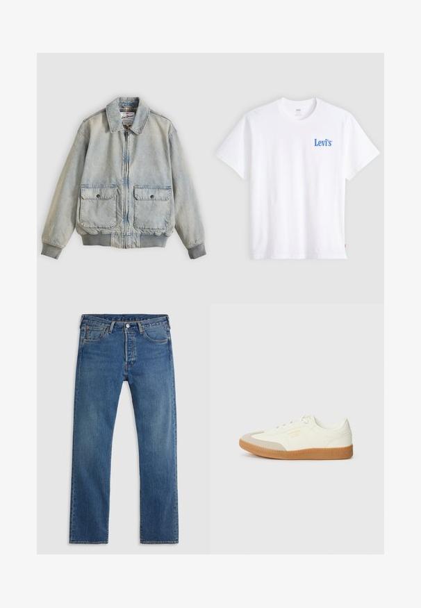 Lyseblå denimjakke med lynlås foran, to forlommer, ribstrikkede manchetter og krave. Har etternetterneture med ternet foer. Casual design.; Hvid kortærmet T-shirt med rund hals og lille blåt Levi's-logo på venstre bryst samt en rød Levi's-mærkat på venstre sidesøm.; Blå straight-leg denimjeans med fem lommer, bæltestropper og lukning med knap og lynlås foran på en ensfarvet baggrund.; Sneaker lavet af hvid læder med en beige tåhætte og let brunt gummisål. Har flade hvide snørebånd og prægede branding på siden.