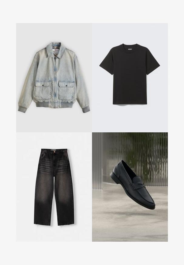 Veste en denim bleu clair avec fermeture éclair à l'avant, deux poches avant, poignets côtelés et col. Doublure à carreaux. Design décontracté.; T-shirt en coton noir uni à manches courtes, col rond et étiquette de marque "WEEKDAY" à l'intérieur du col sur un fond gris clair.; Jeans en denim noir à jambe large avec un design délavé, dotés de cinq poches, d'une fermeture à bouton et de détails de whiskering subtils sur le devant.; Mocassin en cuir noir à finition lisse, bout pointu et détails cousus sur le dessus. Talon bas et design minimaliste.