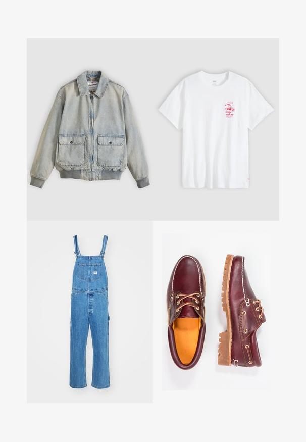 Hellblaue Jeansjacke mit Reißverschluss vorne, zwei Vordertaschen, gerippten Bündchen und Kragen. Mit kariertem Futter. Lässiges Design.; Weißes T-Shirt mit kurzen Ärmeln und kleinem rotem Motiv auf der linken Brust, das Picknickgegenstände und den Text "KEEPING THEM BUNS TOASTY" zeigt.; Denim-Overalls mit verstellbaren Trägern, weitem Bein und einer Vordertasche mit Etikett. Hellblaue Farbe mit strukturierter Oberfläche.; Bordeauxfarbene Lederschuhe mit braunen Gummisohlen, runder Zehenform, weißen Nähten und goldenen Ösen. Das Innenfutter weist eine gelbe Beschichtung auf.