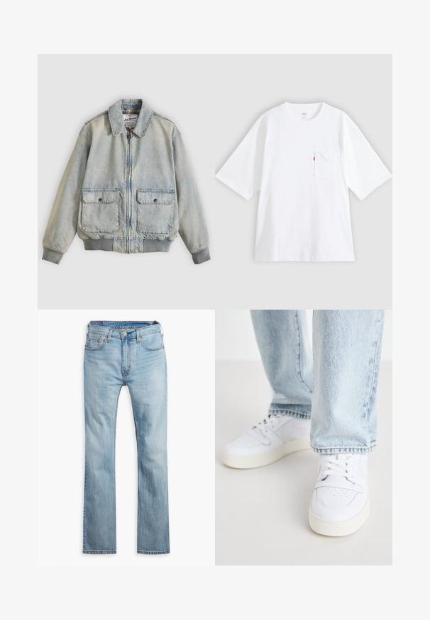 Veste en denim bleu clair avec fermeture éclair à l'avant, deux poches avant, poignets côtelés et col. Doublure à carreaux. Design décontracté.; T-shirt en coton blanc à manches courtes, col rond et poche poitrine gauche. Comprend une petite étiquette logo rouge sur la poche.; Jean en denim bleu clair, design à jambe droite, avec cinq poches, surpiqûres contrastantes et fermeture à bouton à la taille.; Baskets basses en cuir blanc avec un bout perforé, des lacets plats et un design minimaliste. Associées à un jean en denim bleu clair.