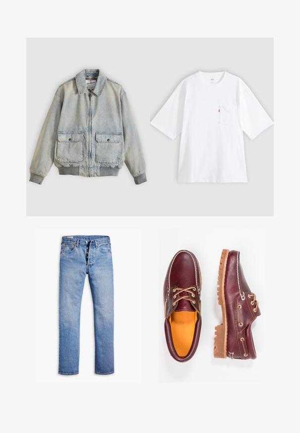 Hellblaue Jeansjacke mit Reißverschluss vorne, zwei Vordertaschen, gerippten Bündchen und Kragen. Mit kariertem Futter. Lässiges Design.; Weißes Baumwoll-T-Shirt mit kurzen Ärmeln, rundem Ausschnitt und Brusttasche auf der linken Seite. Mit kleinem rotem Logotag an der Tasche.; Helle blaue Jeans mit geradem Bein, Fünf-Knopf-Verschluss, Gürtelschlaufen und dezentem Verblassen. Verfügt über zwei Fronttaschen und kupferfarbene Nieten.; Bordeauxfarbene Lederschuhe mit braunen Gummisohlen, runder Zehenform, weißen Nähten und goldenen Ösen. Das Innenfutter weist eine gelbe Beschichtung auf.