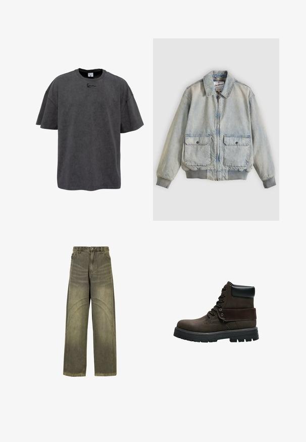 Lichtblauwe spijkerjasje met een ritssluiting aan de voorkant, twee voorzakken, geribbelde manchetten en een kraag. Voorzien van een ruitvoering. Casual ontwerp.; Grijze oversized t-shirt van een katoenmix, met een ronde hals en korte mouwen. Het heeft een subtiele geborduurde logo op de borst.; Wijde spijkerbroeken van olijfgroene denim, met gebogen naadaccenten, klassieke knoopsluiting en een vervaagde afwerking.; Donkerbruine veterenkelboot met zwarte gewatteerde kraag, dikke zwarte rubberen zool en omgeslagen manchet.