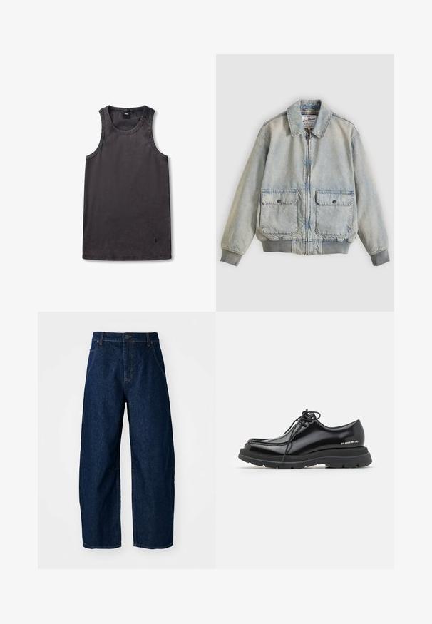 Ανοιχτό μπλε denim μπουφάν με φερμουάρ μπροστά, δύο μπροστινές τσέπες, ριμπ μανσέτες και γιακά. Διαθέτει εσωτερική φόδρα με καρό σχέδιο. Casual σχεδιασμός.; Σκούρο γκρι αμάνικο τοπ από μαλακό ύφασμα. Διαθέτει στρογγυλή λαιμόκοψη, ριμπ άκρα και μικρό λογότυπο της μάρκας κοντά στο τελείωμα.; Φαρδιά σκούρα τζιν παντελόνια με ψηλή μέση, διαθέτουν πέντε τσέπες, κλείσιμο με κουμπί μπροστά και ορατές λεπτομέρειες ραφής.; Μαύρο δερμάτινο παπούτσι με στρογγυλή μύτη, παχύ ελαστικό πάτο, σχέδιο με κορδόνια και χαρακτηριστική ραφή κατά μήκος της άκρης.