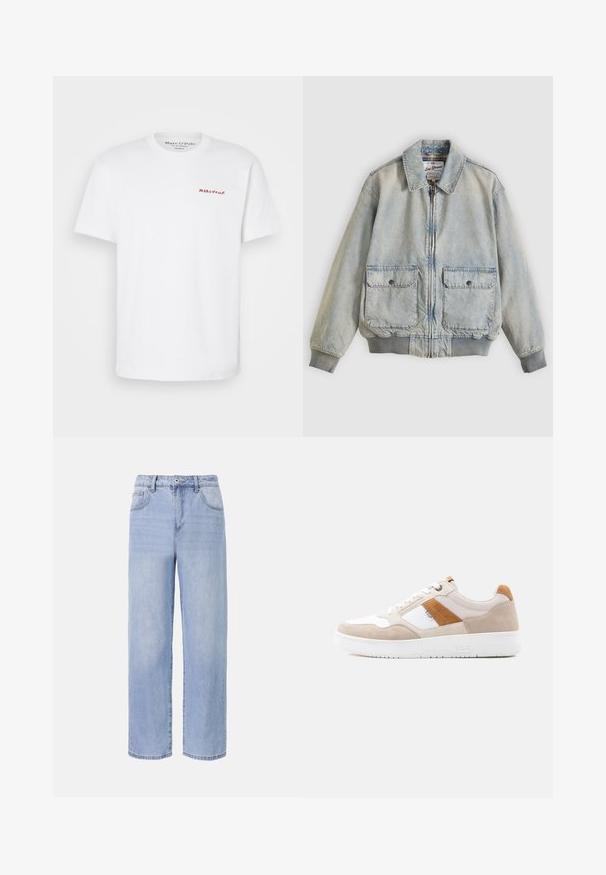 Ανοιχτό μπλε denim μπουφάν με φερμουάρ μπροστά, δύο μπροστινές τσέπες, ριμπ μανσέτες και γιακά. Διαθέτει εσωτερική φόδρα με καρό σχέδιο. Casual σχεδιασμός.; Λευκό βαμβακερό T-shirt με στρογγυλή λαιμόκοψη και κοντά μανίκια, με μικρό κόκκινο λογότυπο "Marc O'Polo" στο μπροστινό μέρος. Λείος ιστός.; Ανοιχτό μπλε τζιν παντελόνι με χαλαρή, φαρδιά γραμμή. Περιλαμβάνει πέντε τσέπες, κλείσιμο με κουμπί μπροστά και διακριτική φθορά.; Χαμηλά sneakers σε μπεζ, λευκό και ταμπά χρώμα, με κορδόνια, υφασμάτινες λεπτομέρειες και λευκή ελαστική σόλα με λογότυπο "Lee".