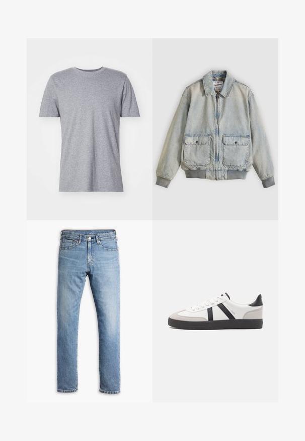 Lichtblauwe spijkerjasje met een ritssluiting aan de voorkant, twee voorzakken, geribbelde manchetten en een kraag. Voorzien van een ruitvoering. Casual ontwerp.; Grijze, korte mouwen t-shirt gemaakt van een katoenmix, met een klassieke ronde halslijn en een gladde, zachte textuur.; Lichtblauwe denim jeans met een rechte pijp, vijf zakken, contrasterende stiksels en een knoop- en ritsluiting bij de taille.; Witte sneaker met zwarte en grijze accenten, voorzien van een grijze neus met textuur, zwarte rubberen zool en platte witte veters. Schoon ontwerp, minimalistische stijl.