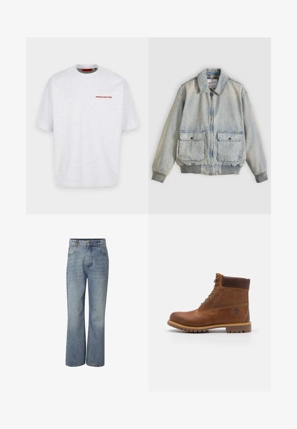 Ανοιχτό μπλε denim μπουφάν με φερμουάρ μπροστά, δύο μπροστινές τσέπες, ριμπ μανσέτες και γιακά. Διαθέτει εσωτερική φόδρα με καρό σχέδιο. Casual σχεδιασμός.; Απλή λευκή μπλούζα με στρογγυλή λαιμόκοψη και κοντά μανίκια με μικρό κόκκινο κείμενο "PROHIBITED" στην άνω αριστερή πλευρά του στήθους.; Τζιν παντελόνια με ψηλή μέση σε μπλε χρώμα, φαρδιά μπατζάκια, κλείσιμο με κουμπιά μπροστά, θηλιές για ζώνη και τσέπες μπροστά και πίσω.; Καφέ δερμάτινο μποτάκι πεζοπορίας με λείο φινίρισμα, επενδεδυμένο αστράγαλο, μεταλλικές θηλιές και ελαστική σόλα που διαθέτει ρουστίκ μοτίβο.