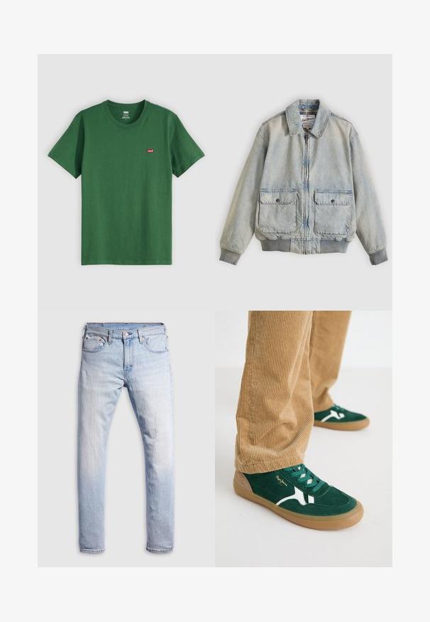 Lyseblå denimjakke med lynlås foran, to forlommer, ribstrikkede manchetter og krave. Har etternetterneture med ternet foer. Casual design.; Grøn bomulds t-shirt med rund hals, korte ærmer og et lille rødt Levi's-logo på venstre bryst. Blød tekstur, standard pasform.; Lys blå denim jeans med lige pasform, fem lommer og knaplukning. Stoffet har en falmet tekstur med lette farvevariationer.; Grønne svineder sko med hvide accenter og grønne snørebånd. Gummisål, rund tå og tan detaljer på hælen. Båret med fløjl bukser.