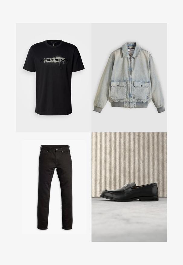 Lichtblauwe spijkerjasje met een ritssluiting aan de voorkant, twee voorzakken, geribbelde manchetten en een kraag. Voorzien van een ruitvoering. Casual ontwerp.; Zwarte katoenen t-shirt met een gespoten tekstgrafiek "ANTONY MORATO" in grijs met druipende details, korte mouwen en een ronde hals.; Zwarte denimjeans met een rechte pasvorm, zijzakken en een knoopsluiting. De stof heeft een soepele textuur en minimale details.; Zwarte leren loafer met een metalen merktekenplaatje, rustend bij een bruine ronde tafel op een beige tapijtvloer.
