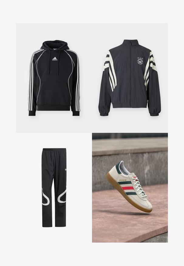 Sort lynlåstrøje med hvide diagonale striber på ærmerne, med et logo og tre stjerner over. Elastiske manchetter og kant. Letvægtsstof.; Sort Adidas hoodie med hvide striber på ærmerne, hvid pipedetalje foran, frontlomme i kænguru-stil og snøre i hætten.; Sorte træningsbukser med elastisk talje, der har store hvide buede detaljer på siderne og et lille logo på den øverste lår.; Hvid Adidas sneaker med grønne og røde striber, gummisål og "SPEZIAL" branding, der svæver over stensat belægning.