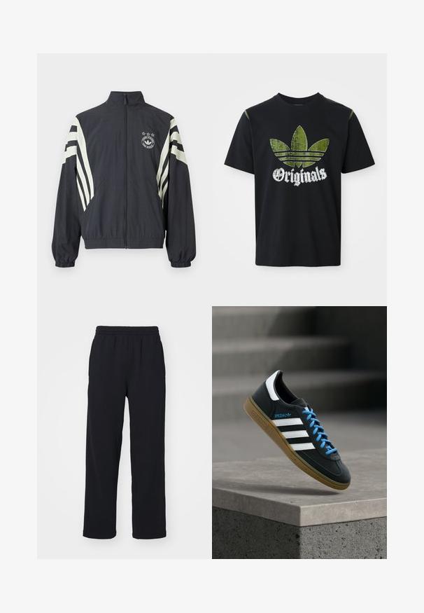 Zwarte jas met ritssluiting en witte diagonale strepen op de mouwen, voorzien van een logo met drie sterren erboven. Elastische manchetten en zoom. Lichtgewicht stof.; Zwarte katoenen t-shirt met een versleten groene grafiek met drie strepen en het woord "Originals" hieronder in het wit, ronde halslijn, korte mouwen.; Zwarte sweatpants met een elastische tailleband, rechte benen en gestikte details. Gemaakt van zachte, textuurstof.; Zwarte Adidas-sneaker met witte strepen, blauwe veters en een gumzool die boven een grijze betonnen trede zweeft in zacht licht.