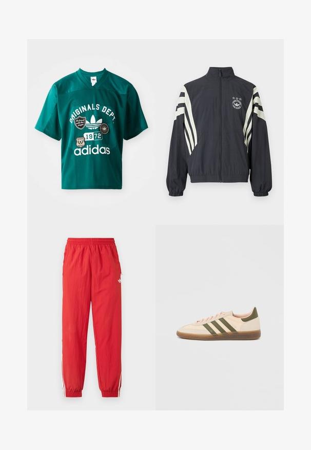 Musta vetoketjullinen takki, jossa valkoiset vinoraitoja hihoissa, logolla ja sen yläpuolella kolmella tähdellä. Kuminauhakärjet hihansuissa ja helmassa. Kevyt kangas.; Teal verkko urheilupaita, jossa on V-kaula-aukko, lyhyet hihat ja graafiset tarrat, mukaan lukien "ORIGINALS DEPT." ja "1972" valkoisella kirjasinvärillä.; Punaiset urheiluhousut, jotka on valmistettu kevyestä materiaalista, joissa on joustava vyötärönauha, valkoiset sivuraidat ja pieni logo ylempänä lahkeessa.; Matala profiilinen beige Adidas Spezial -lenkkarit vihreillä raidoilla, kumipohjalla ja "SPEZIAL"-logolla sivussa, kuvattuna ulkopuolelta.