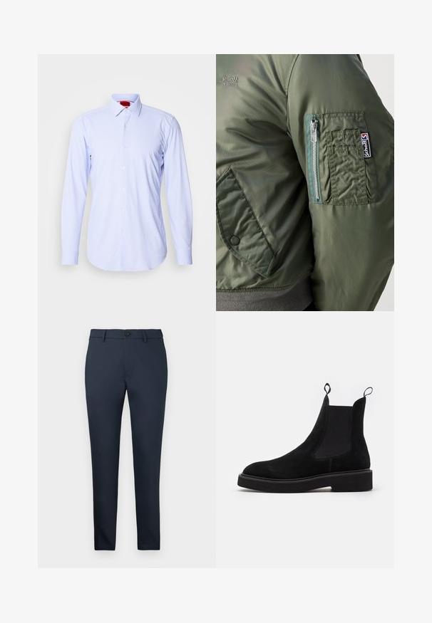 Grüne Bomberjacke mit glatter, glänzender Textur, ausgestattet mit einer Reißverschlusstasche auf dem linken Ärmel und einem sichtbaren Logopatch.; Hellblau gemustertes Button-Down-Hemd mit langen Ärmeln und klassischem Kragen. Verfügt über kleine Quadrate und weiße Knöpfe. Glatte Stofftextur.; Dunkelblaues Hosenpaar aus einem glatten, strukturierten Stoff. Schmaler Schnitt mit flachem Vorderteil, Knopfverschluss und Gürtelschlaufen. Keine sichtbaren Muster.; Steve Madden BRANTLEY - Stiefelette - black