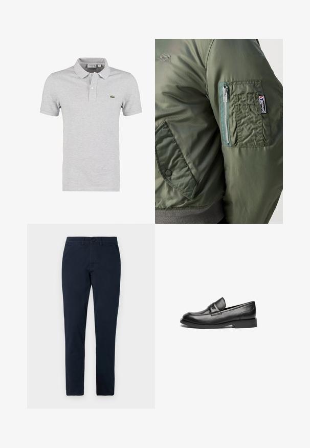 Veste bomber verte avec une texture lisse et brillante, dotée d'une poche zippée sur la manche gauche et d'un logo visible.; Polo shirt gris clair fabriqué à partir d'un tissu doux, avec un col classique, des manches courtes et un logo Lacoste vert sur la poitrine.; Pantalon noir slim fit pour homme avec fermeture avant par bouton et zip, passants de ceinture et poches latérales.; Des mocassins en cuir noir présentent un bout arrondi, une couture sur le dessus et une semelle en caoutchouc plate et basse. Texture lisse sans motifs visibles.