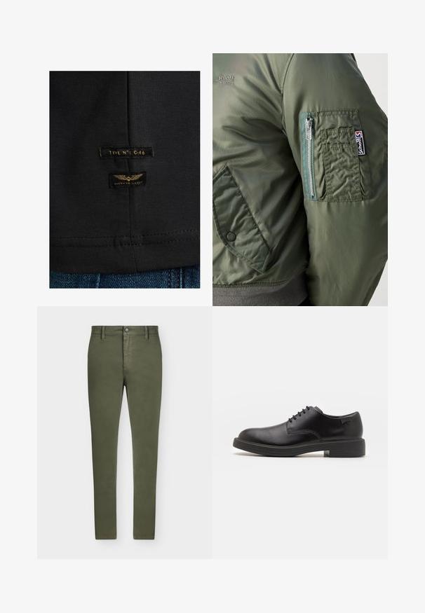 Grüne Bomberjacke mit glatter, glänzender Textur, ausgestattet mit einer Reißverschlusstasche auf dem linken Ärmel und einem sichtbaren Logopatch.; Schwarzes Baumwoll-T-Shirt mit zwei Etiketten: "TYP N°: C-46" und "AMERICAN CLASSIC" in goldener Schrift und Wing-Grafik. Genähte Saumdetails.; Slim Fit olivgrüne Hose mit Gürtelschlaufen, vorderem Knopf und Reißverschluss, auf einem schlichten hellen Hintergrund dargestellt.; Schwarzer Leder-Schnürschuh mit abgerundetem Zeh, glatter Textur, minimaler Naht und niedrigem Gummiabsatz. Logo auf der Ferse.