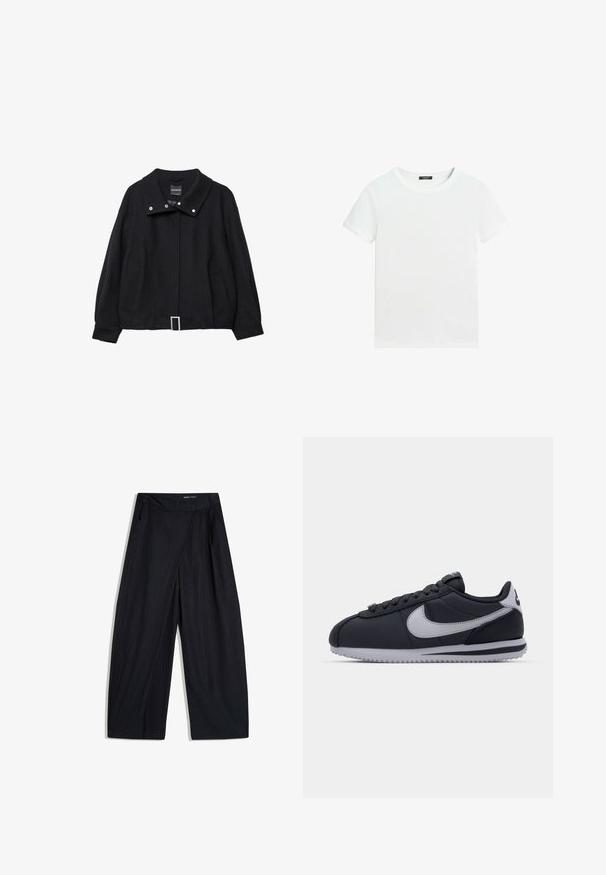 Sort, beskåret jakke lavet af uldblanding; har en bred krave, trykknapper, to sidelommer og en rektangulær bæltespænde-detalje.; Almindelig hvid T-shirt med korte ærmer, rund halsudskæring og lille sort label inden i kraven.; Sorte vidde bukser med diskrete nålestriber, front overlap detalje, sidelommer og en skjult lukning i linningen.; Sort atletisk sko med grå accenter, glat syntetisk overdel, tekstureret sål, afrundet tå og flade snørebånd. Klassisk design med logodetalje.