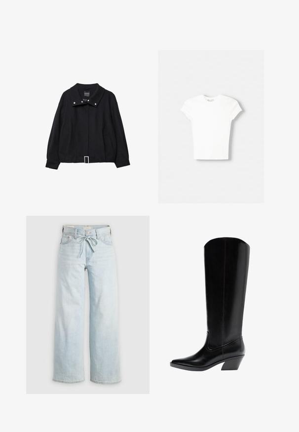 Schwarze, kurz geschnittene Jacke aus Wollmischung; verfügt über einen breiten Kragen, Druckknöpfe, zwei Seitentaschen und ein rechteckiges Schnallendetail am Gürtel.; Weißes kurzärmliges T-Shirt aus weicher Baumwolle, mit Rundhalsausschnitt und figurbetonter Form. Keine sichtbaren Muster oder Verzierungen.; Helleblaue, weit geschnittene Jeans mit einer Bindeschlaufe, klassischem Fünf-Taschen-Design und subtilen Auswaschungen an den Beinen. Aus Denim-Material.; Hoher schwarzer Westernstiefel aus Leder mit spitzer Zehenpartie und schrägem Blockabsatz, linksgerichtet vor weißem Hintergrund.