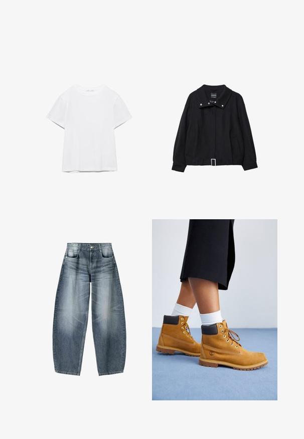 Veste courte noire en mélange de laine ; dotée d'un large col, de boutons-pression, de deux poches latérales et d'un détail de boucle de ceinture rectangulaire.; T-shirt blanc uni à manches courtes et col rond, avec un ourlet droit, présenté sur un fond blanc.; Jean large en denim bleu clair avec décoloration, présentant un design à cinq poches, un bouton de fermeture et des détails de couture minimaux.; Bottines en suede beige avec des accents en cuir marron, des œillets dorés et une semelle texturée. Chaussettes blanches visibles au-dessus des bottines.