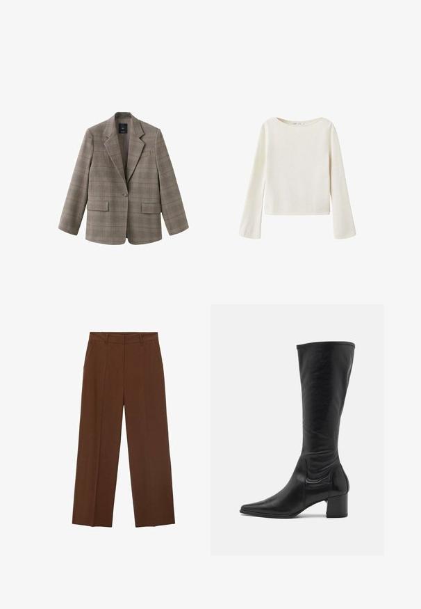 Blazer de cuadros en marrón y beige, con solapa con muesca, cierre de un solo botón, dos bolsillos delanteros y diseño de corte holgado.; Jersey de manga larga color blanco hueso con un amplio escote redondo y mangas ligeramente acampanadas, hecho de tejido de punto suave.; Pantalones de pierna ancha marrones, confeccionados en un tejido suave con cintura alta, que cuentan con bolsillos frontales y un pliegue bien definido en la parte delantera.; Bota de cuero negro hasta la rodilla con punta afilada, detalles de costura mínimos y un tacón cuadrado robusto. Textura lisa con un acabado brillante.