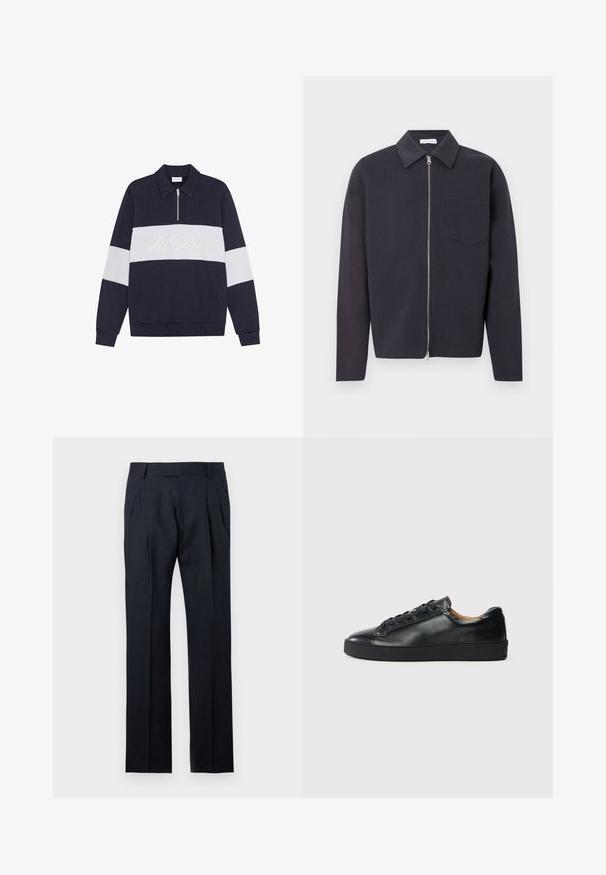 Dunkelblaue Zip-up-Jacke mit spitzem Kragen, einer Brusttasche und langen Ärmeln; gefertigt aus strukturiertem Stoff mit glattem Finish.; Marineblauer Pullover mit einem weißen horizontalen Streifen und Reißverschlusskragen. "Les Deux" in Creme auf dem Streifen gestickt. Weicher Stoff, klassischer Schnitt.; Maßgeschneiderte schwarze formelle Hosen mit Gürtelschlaufen, Vorderfalten und geraden Beinen, präsentiert vor einem schlichten hellen Hintergrund.; Schwarze Leder-Sneaker mit glatter Textur, runder Zehenpartie und Schnürverschluss. Verfügt über eine dicke Gummisohle und minimalistische Marken-Details.