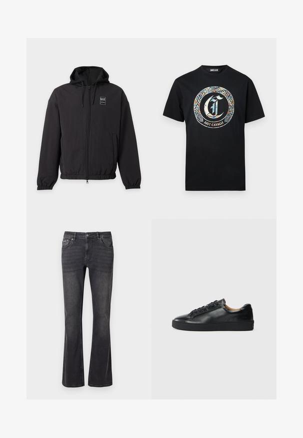 Schwarze Zip-up-Kapuzenjacke mit elastischen Bündchen und Saum, Vordertaschen und kleinem EA7-Logo auf der linken Brust.; Schwarzes T-Shirt mit kurzen Ärmeln, darauf eine bunte Schlange, die einen Kreis um ein stilisiertes "J" bildet, und darunter der Schriftzug "Just Cavalli".; Schwarze Jeans aus Denim mit ausgestelltem Design, fünf Taschen und einem Metallknopfverschluss. Der Stoff hat eine glatte Textur mit dezentem Verblassen.; Schwarze Leder-Sneaker mit glatter Textur, runder Zehenpartie und Schnürverschluss. Verfügt über eine dicke Gummisohle und minimalistische Marken-Details.