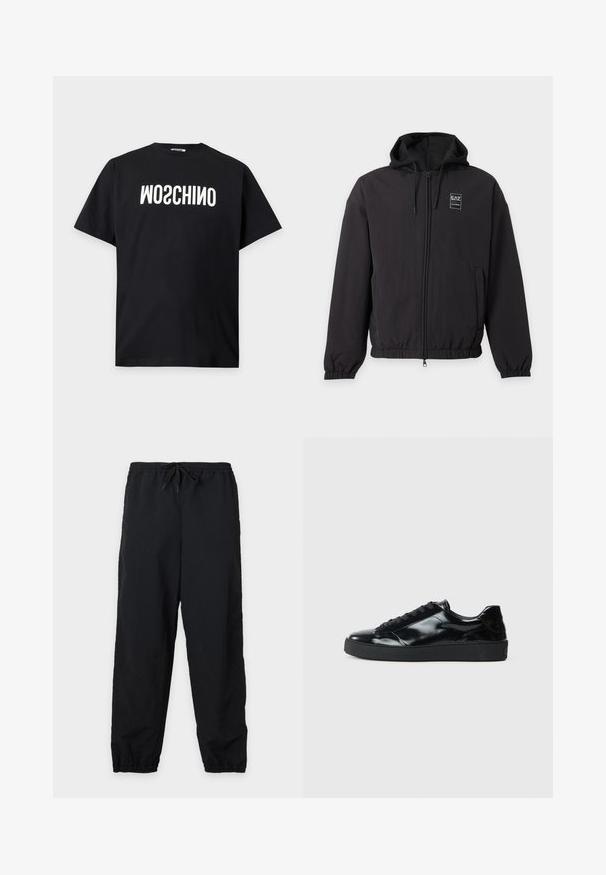 Veste noire à capuche avec fermeture éclair, poignets et bas élastiques, poches avant et petit logo EA7 sur la poitrine gauche.; T-shirt noir à manches courtes avec texte blanc inversé "MOSCHINO" imprimé sur la poitrine sur un fond clair uni.; Pantalon décontracté noir avec taille élastique, cordon de serrage et poignets élastiques aux chevilles sur un fond clair uni.; Baskets en cuir verni noir avec un bout arrondi, un laçage, une semelle en caoutchouc texturé et une finition lisse.