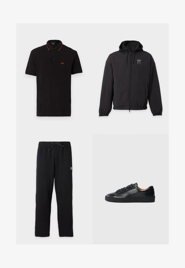 Veste noire à capuche avec fermeture éclair, poignets et bas élastiques, poches avant et petit logo EA7 sur la poitrine gauche.; Polo noir à manches courtes avec trois boutons, bordure orange sur le col et petit logo A|X orange sur la poitrine gauche.; Pantalon de survêtement noir avec taille élastique et cordon, avec un petit patch logo EA7 rectangulaire sur la partie supérieure de la cuisse gauche.; Baskets en cuir noir avec une texture lisse, bout rond et fermeture à lacets. Comprend une semelle en caoutchouc épaisse et un minimum de détails de marque.