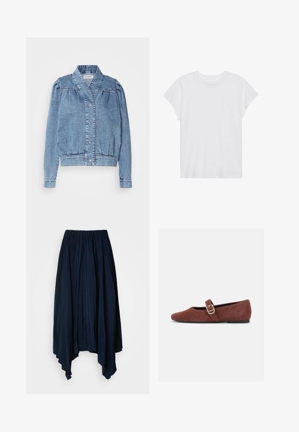 Lyseblå denimjakke med krave, frontlukning med trykknapper, plisserede pufærmer og ribbede manchetter. Har en glat tekstur og diskrete søm.; Hvid kortærmet t-shirt med rund hals, afslappet pasform, lavet af blødt bomuldsstof. Glat tekstur, ingen mønstre eller logoer.; Marineblå, samlet maxiskirt med en flydende, asymmetrisk kant og blød tekstur. Fremstillet af letvægtsmateriale med lodrette plisser.; Brun ruskind Mary Jane-flad sko med en guldspænde og sort sål på hvid baggrund.
