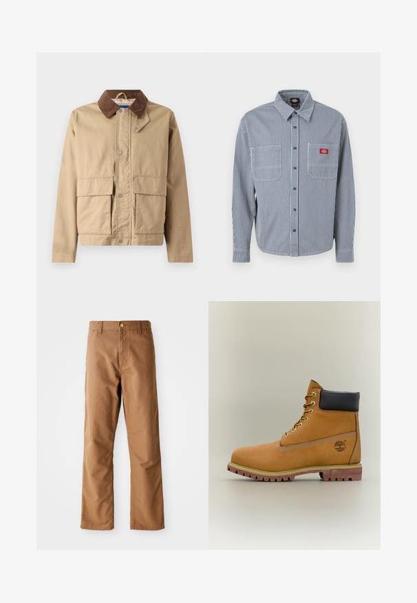 Tan jacket with a brown corduroy collar, snap closure, and two large front pockets. Made of durable fabric with a smooth texture.; Long-sleeve button-up shirt with blue and white vertical stripes, two chest pockets, and a red logo patch on the left pocket.; Brown straight-leg pants with belt loops, front pockets, button closure, and zipper fly on a white background.; Brown leather ankle boot with black collar, yellow laces, and tan sole. Features logo and white stitching detail. Rugged traction outsole.