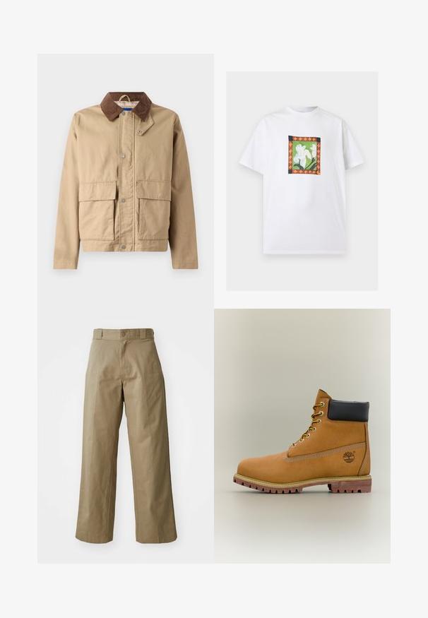 Tan jas met een bruine corduroy kraag, drukknoopsluiting en twee grote voorzakken. Gemaakt van duurzame stof met een soepele textuur.; Wit T-shirt met korte mouwen met een gecentreerd vierkant ontwerp met witte bloemen op een groene achtergrond, omlijst door een oranje en zwart patroon.; Khaki wijde broek van katoenmixstof, met een enkele knoopsluiting en zichtbare zijzakken. Soepele textuur, kreukdetail.; Bruine leren enkellaars met zwarte kraag, gele veters en een zandkleurige zool. Voorzien van een logo en witte stikseldetails. Robuuste loopzool met grip.