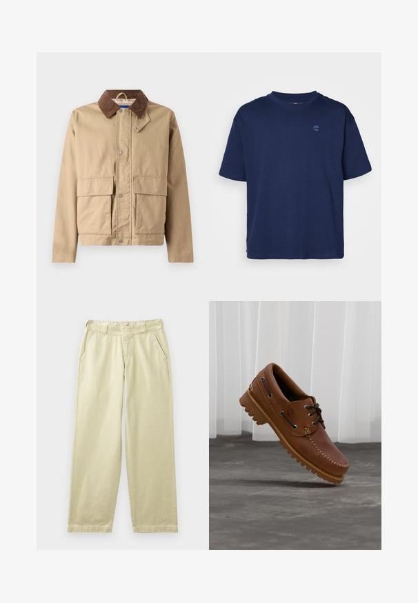 Tan jacket with a brown corduroy collar, snap closure, and two large front pockets. Made of durable fabric with a smooth texture.; Navy blue cotton t-shirt with a crew neckline, short sleeves, and a small, tonal logo on the chest. Casual fit, smooth texture.; Beige cotton trousers with a relaxed fit, featuring side pockets, belt loops, and straight legs. Smooth texture with minimal stitching details.; Brown leather boat shoe with black laces, beige stitching, and a rugged sole, suspended above a gray concrete floor.