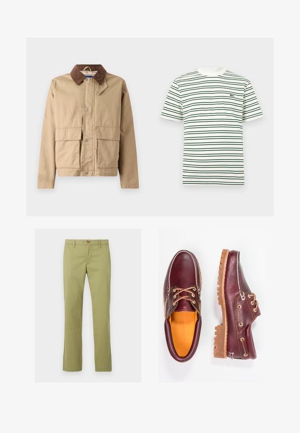 Tan jas met een bruine corduroy kraag, drukknoopsluiting en twee grote voorzakken. Gemaakt van duurzame stof met een soepele textuur.; Witte T-shirt met korte mouwen, voorzien van dunne horizontale strepen in donkergroen en beige, en een klein groen krokodillenlogo op de linkerborst.; Lichtgroene rechte broek met knoop- en ritssluiting, taillebandlussen en geen zichtbare zakken, van voren weergegeven op een witte achtergrond.; Bordeaux leren schoenen met bruine rubberen zolen, ronde neus, witte stiksels en gouden veterogen. Het interieur heeft een gele voering.