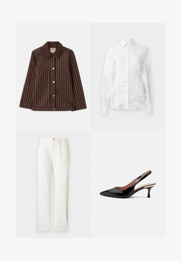 Bruine corduroyjas met witte verticale strepen, een puntige kraag, knopen aan de voorkant en twee opgestikte zakken.; Witte button-up blouse met lange mouwen, voorzien van een gerimpelde textuur aan de voorkant, kleine gouden knopen en een standaard kraag.; Witte denim broek met een rechte pijpdesign, voorzien van een voorste knoopsluiting en subtiele textuur. Inclusief zijzakken en minimale hardware.; Zwarte lakleren slingback pump met puntige neus en lage kittenheel op een eenvoudige witte achtergrond.